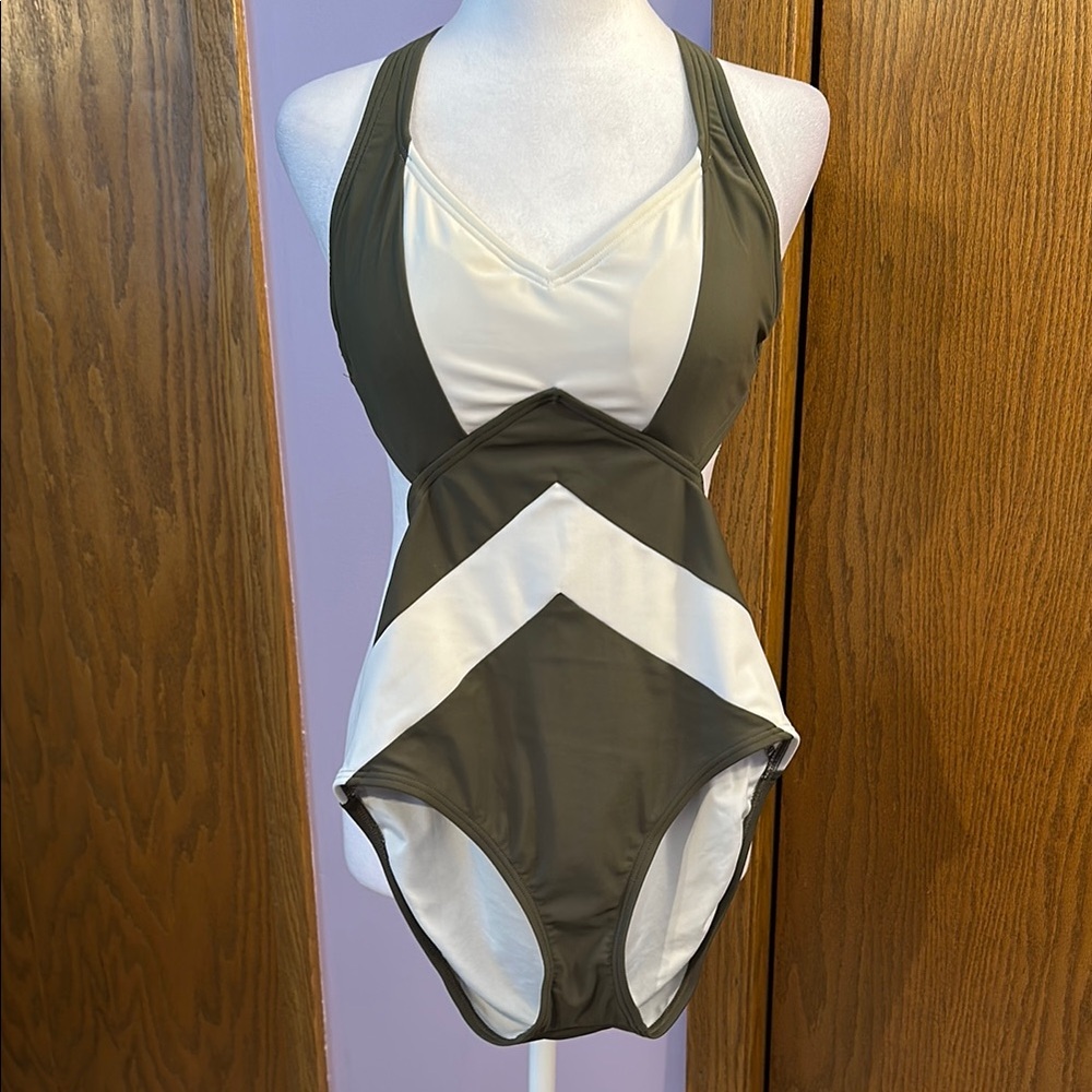 Stylish Michael Kors Olive and White One-Piece Swimsuit size 10.